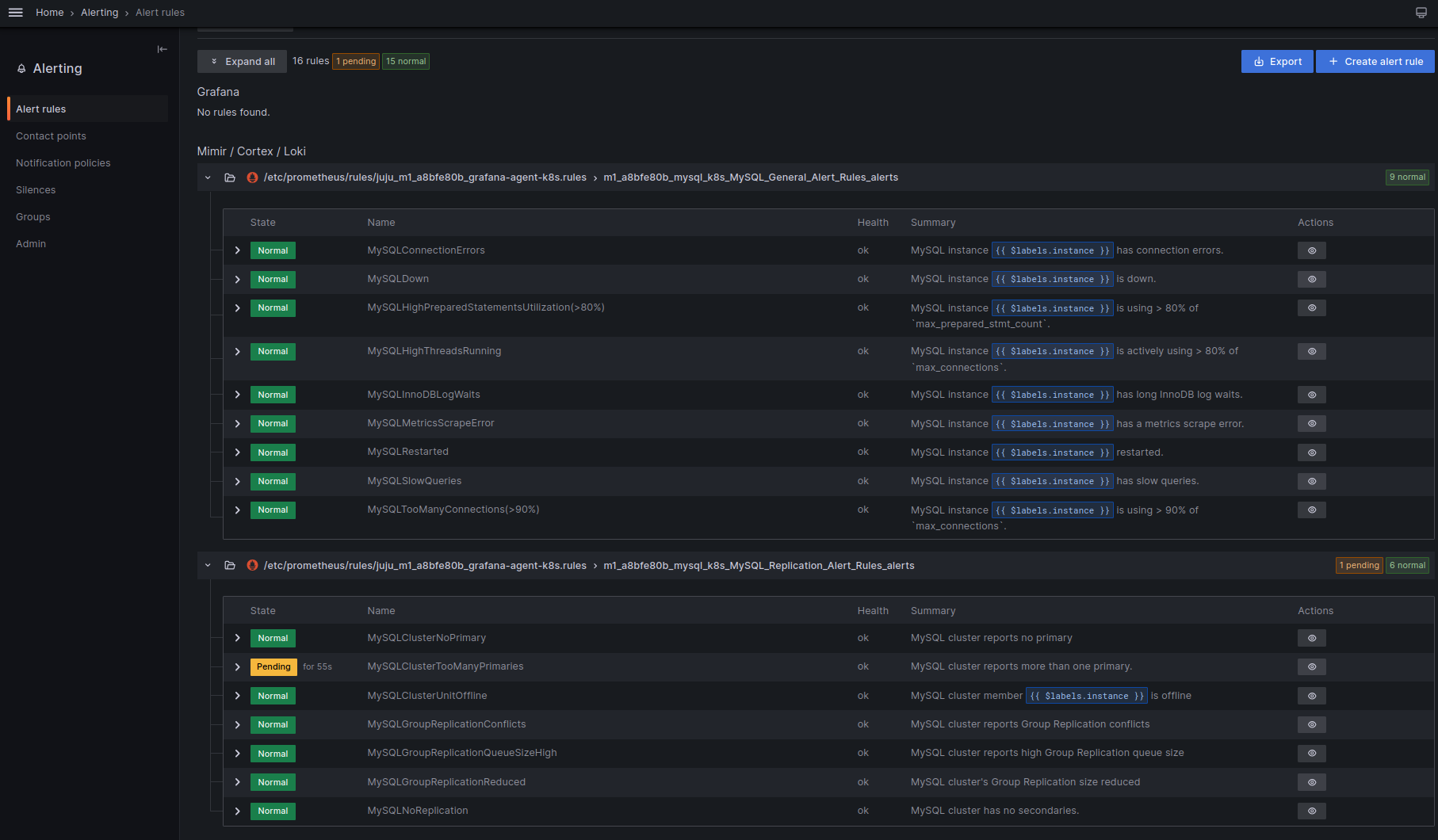 MySQL alert rules in the Grafana web interface