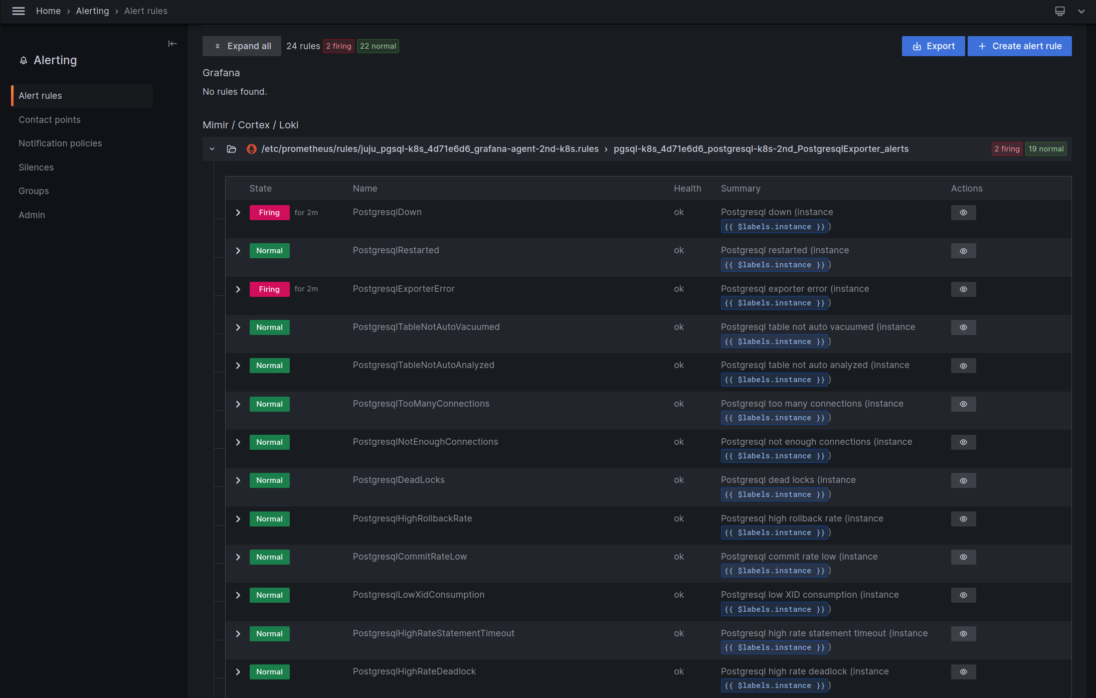 MySQL alert rules in the Grafana web interface